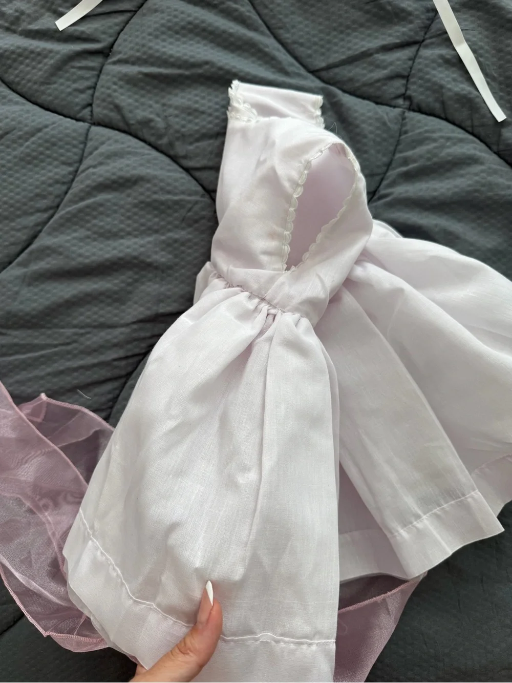 White & Pink Baby girl Dress with Pink Sash and Headpiece - handmade - NEW